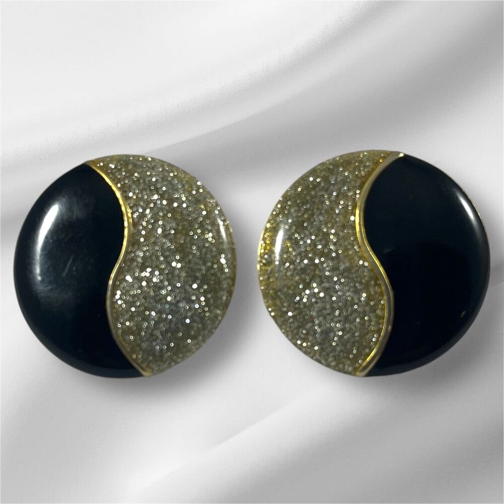 Vintage Sophisticated Classy Sparkle Glamour Clip On Earrings, Black And Silver
